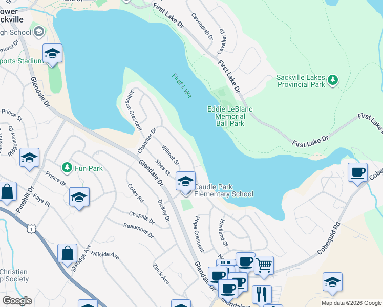 map of restaurants, bars, coffee shops, grocery stores, and more near 153 Chandler Drive in Lower Sackville