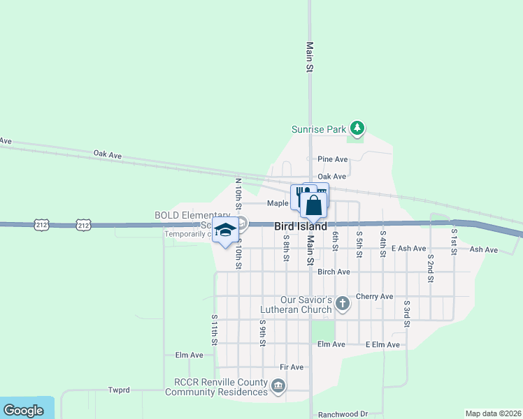 map of restaurants, bars, coffee shops, grocery stores, and more near 850 Highway Avenue in Bird Island