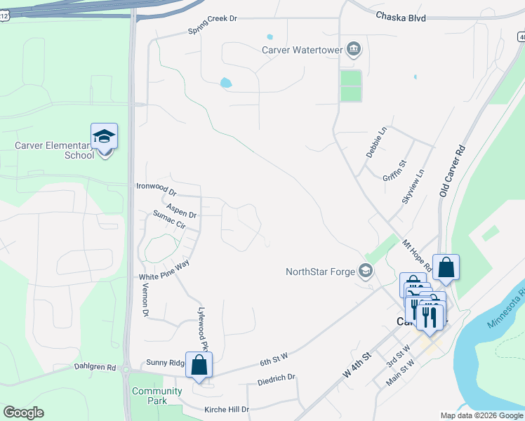 map of restaurants, bars, coffee shops, grocery stores, and more near 1534 Ironwood Drive in Carver