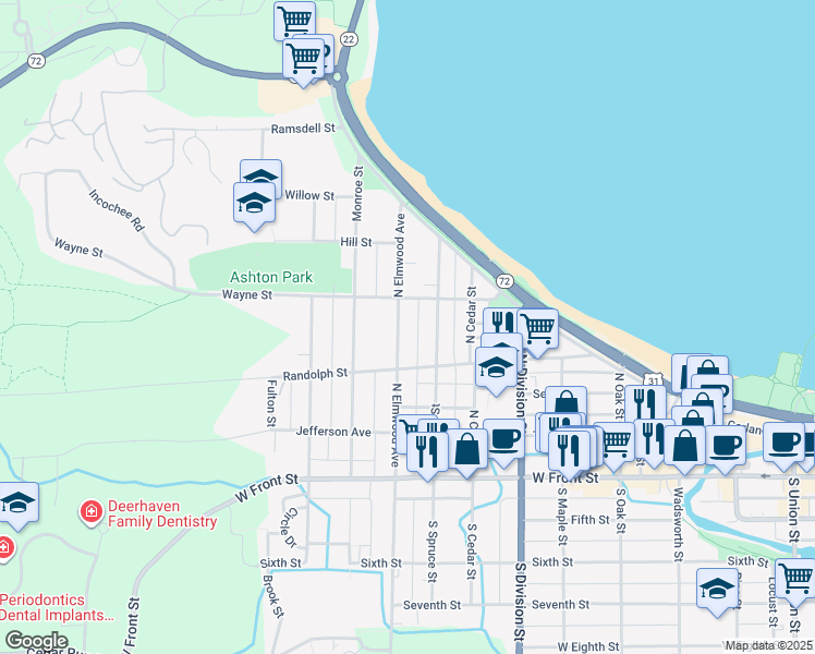 map of restaurants, bars, coffee shops, grocery stores, and more near 410 North Elmwood Avenue in Traverse City