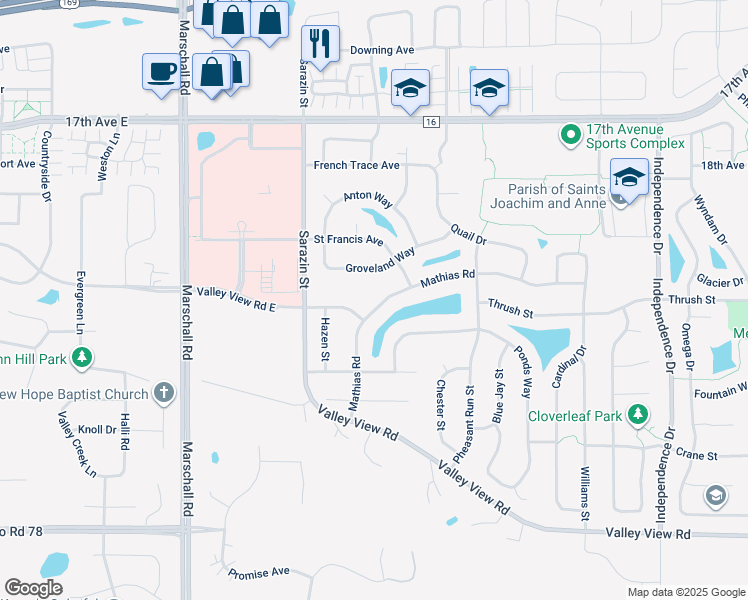 map of restaurants, bars, coffee shops, grocery stores, and more near 1977 Mathias Road in Shakopee
