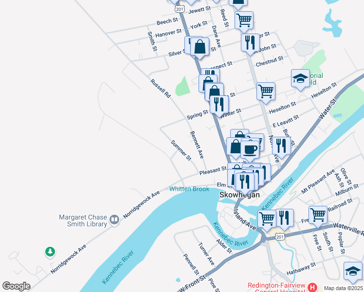map of restaurants, bars, coffee shops, grocery stores, and more near 38 Bennett Avenue in Skowhegan