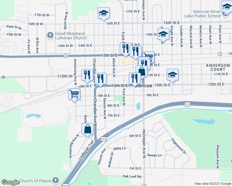 map of restaurants, bars, coffee shops, grocery stores, and more near 929 Ford Avenue North in Glencoe