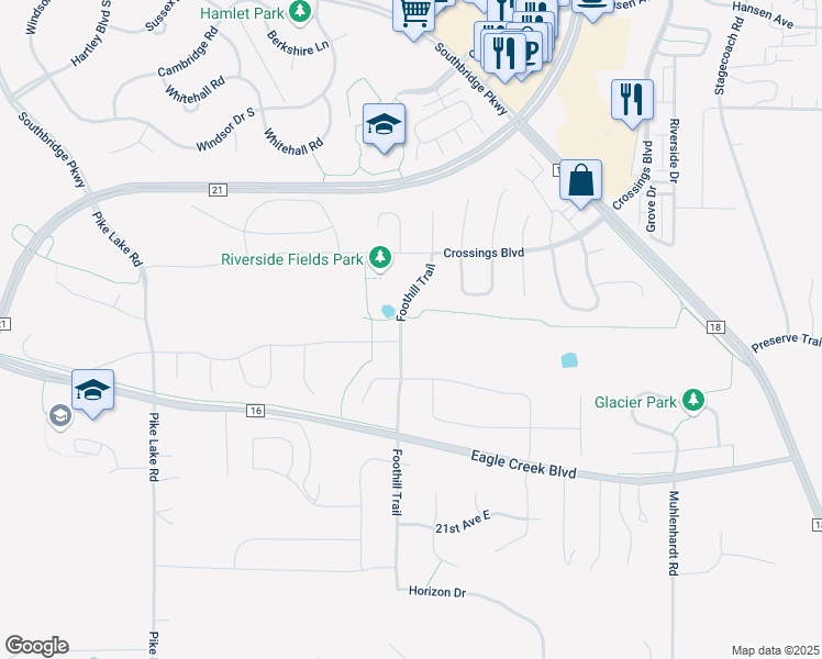 map of restaurants, bars, coffee shops, grocery stores, and more near 1880 Foothill Trail in Shakopee