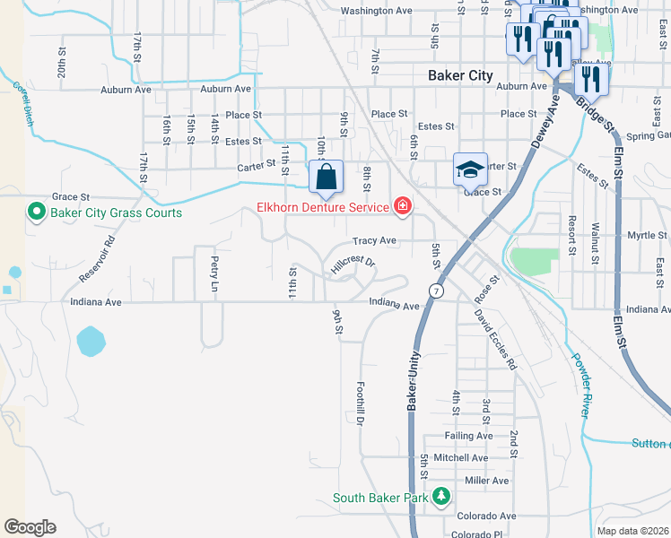 map of restaurants, bars, coffee shops, grocery stores, and more near Hillcrest Drive in Baker City