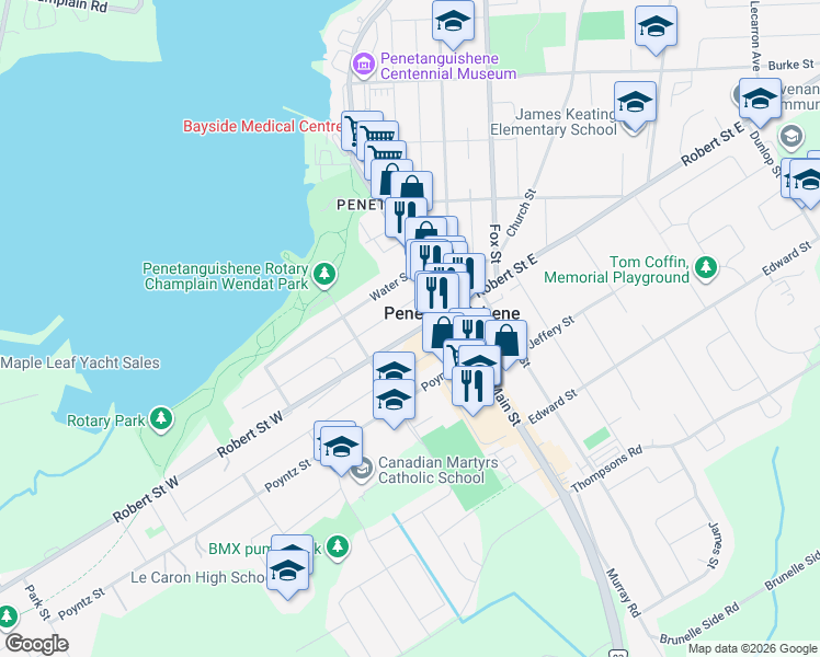map of restaurants, bars, coffee shops, grocery stores, and more near 13 Robert Street West in Penetanguishene