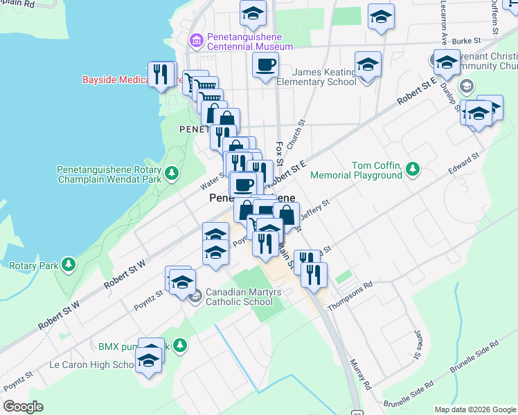 map of restaurants, bars, coffee shops, grocery stores, and more near 109 Main Street in Penetanguishene