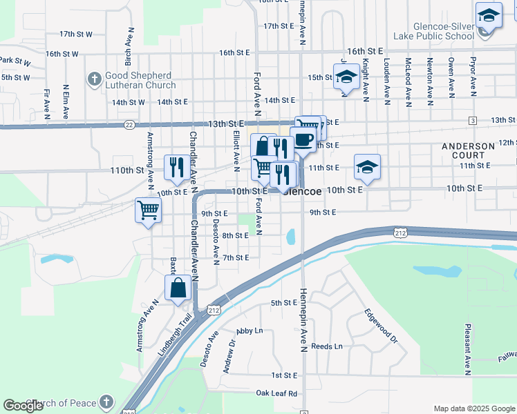 map of restaurants, bars, coffee shops, grocery stores, and more near 929 Ford Avenue North in Glencoe