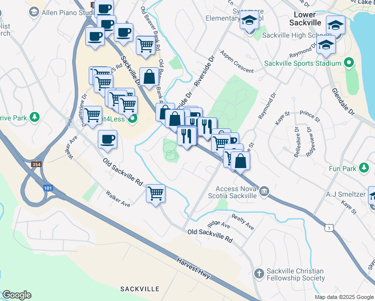 map of restaurants, bars, coffee shops, grocery stores, and more near 622 Sackville Drive in Lower Sackville