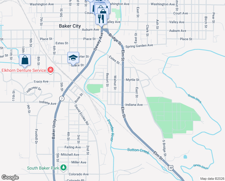 map of restaurants, bars, coffee shops, grocery stores, and more near 1005 Walnut Street in Baker City