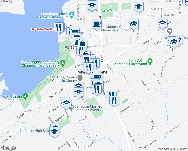 map of restaurants, bars, coffee shops, grocery stores, and more near 107 Main Street in Penetanguishene