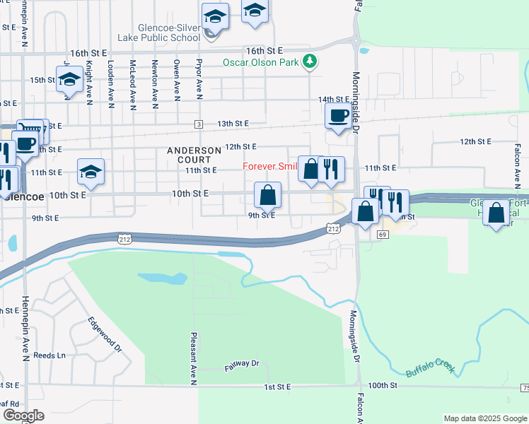 map of restaurants, bars, coffee shops, grocery stores, and more near 915 Stevens Avenue North in Glencoe