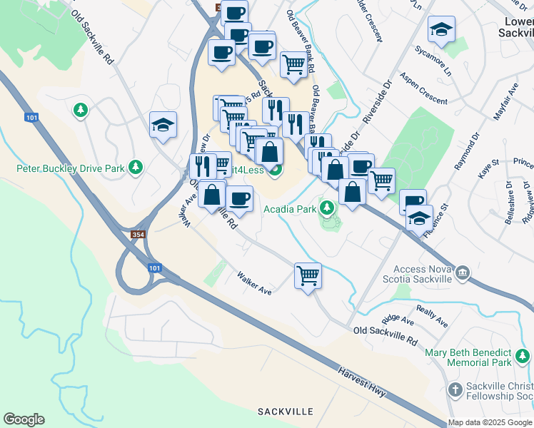 map of restaurants, bars, coffee shops, grocery stores, and more near 665 Old Sackville Road in Lower Sackville