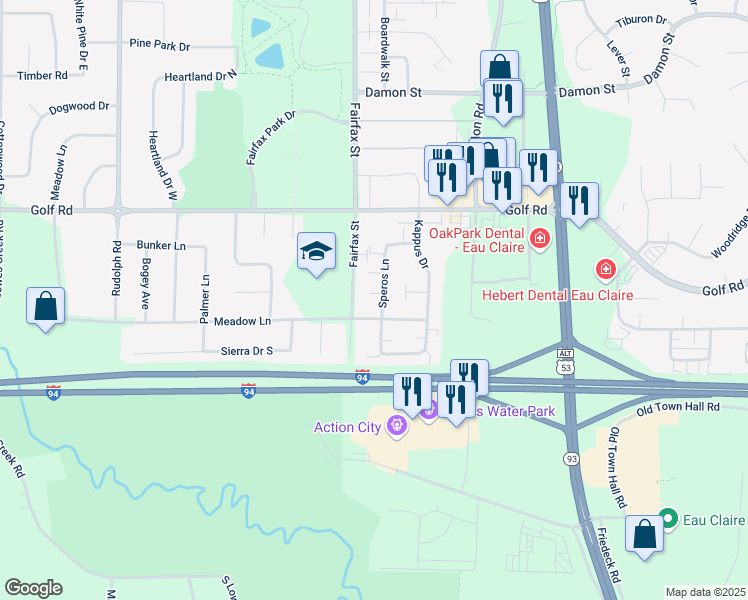 map of restaurants, bars, coffee shops, grocery stores, and more near 4705 Speros Lane in Eau Claire