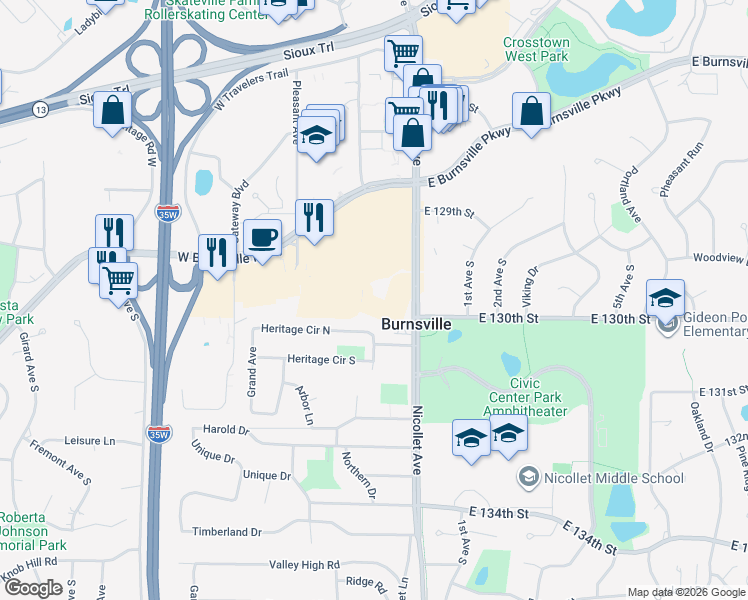 map of restaurants, bars, coffee shops, grocery stores, and more near 12900 Nicollet Avenue in Burnsville
