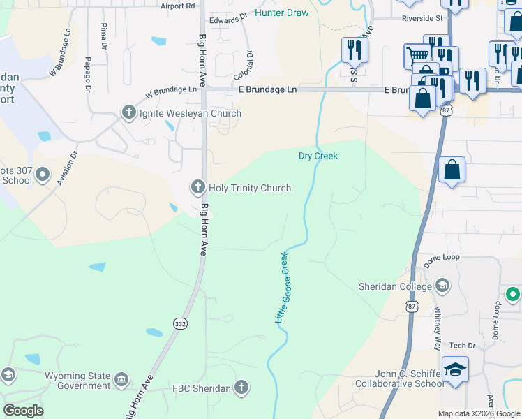 map of restaurants, bars, coffee shops, grocery stores, and more near 2899 Big Horn Avenue in Sheridan