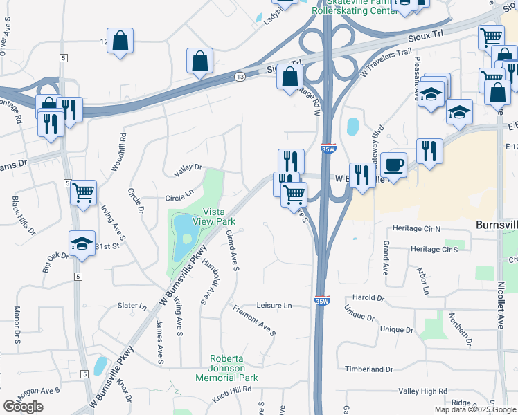 map of restaurants, bars, coffee shops, grocery stores, and more near 1103 Burnsville Parkway in Burnsville