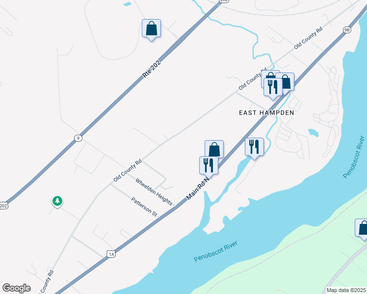 map of restaurants, bars, coffee shops, grocery stores, and more near 213 Old County Road in Hampden