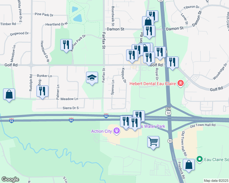 map of restaurants, bars, coffee shops, grocery stores, and more near 4705 Speros Lane in Eau Claire