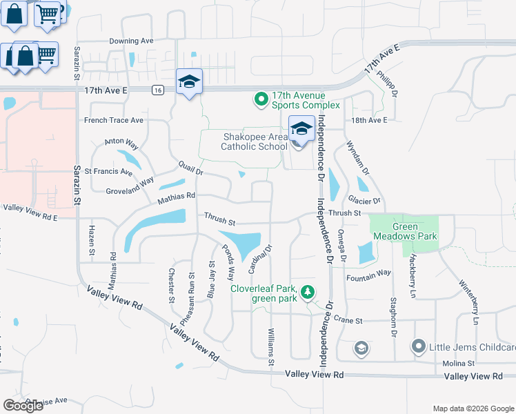 map of restaurants, bars, coffee shops, grocery stores, and more near 1876 Cardinal Drive in Shakopee