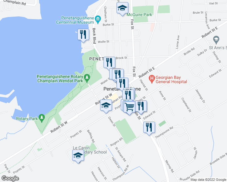 map of restaurants, bars, coffee shops, grocery stores, and more near 7 Robert Street in Penetanguishene