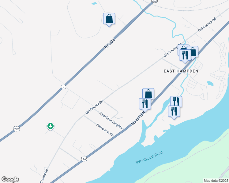 map of restaurants, bars, coffee shops, grocery stores, and more near 213 Old County Road in Hampden