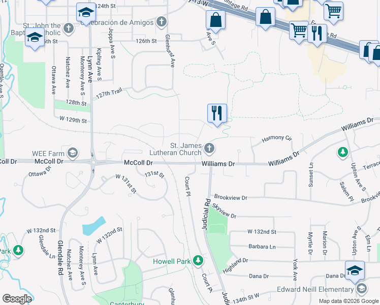 map of restaurants, bars, coffee shops, grocery stores, and more near 12915 Glenhurst Avenue in Burnsville