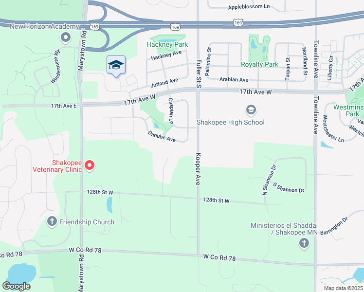 map of restaurants, bars, coffee shops, grocery stores, and more near 599 Danube Avenue in Shakopee