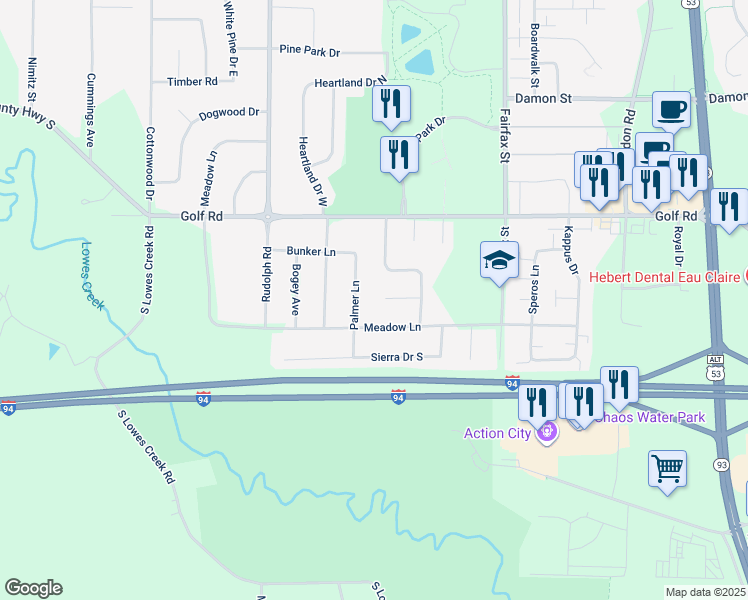 map of restaurants, bars, coffee shops, grocery stores, and more near 4621 Palmer Lane in Eau Claire