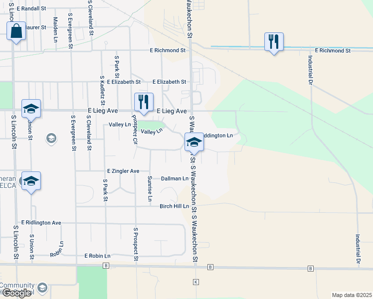 map of restaurants, bars, coffee shops, grocery stores, and more near 1601 Timber Trail in Shawano