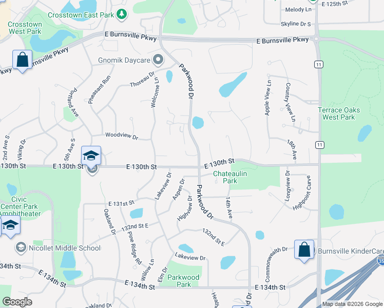 map of restaurants, bars, coffee shops, grocery stores, and more near 12904 Grandview Court in Burnsville