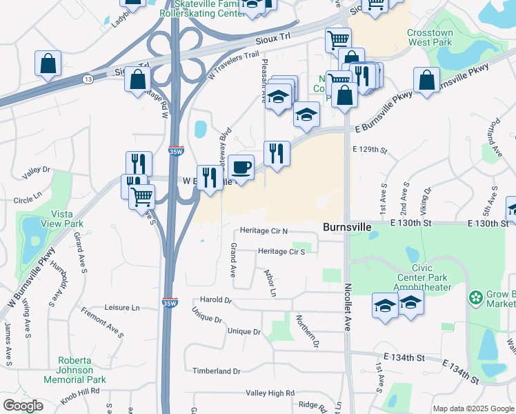 map of restaurants, bars, coffee shops, grocery stores, and more near 12950 Pleasant Avenue in Burnsville