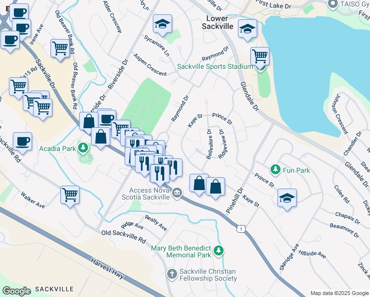 map of restaurants, bars, coffee shops, grocery stores, and more near 229 Kaye Street in Lower Sackville