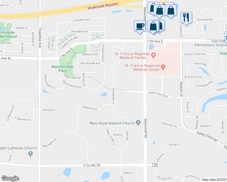 map of restaurants, bars, coffee shops, grocery stores, and more near 1890 Evergreen Lane in Shakopee