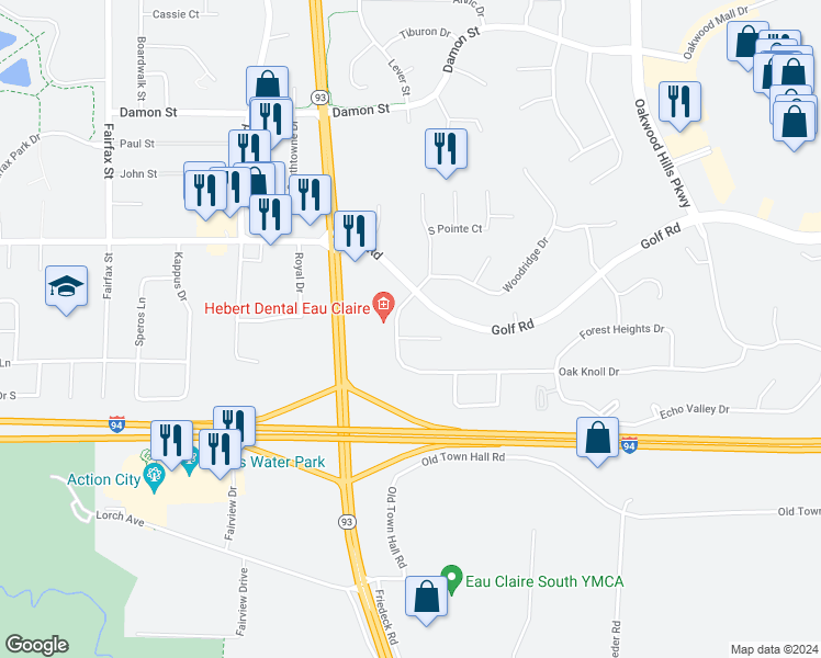 map of restaurants, bars, coffee shops, grocery stores, and more near 4611 Commerce Valley Road in Eau Claire