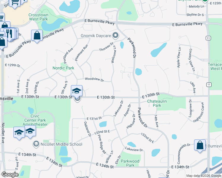 map of restaurants, bars, coffee shops, grocery stores, and more near 801 Woodview Drive in Burnsville