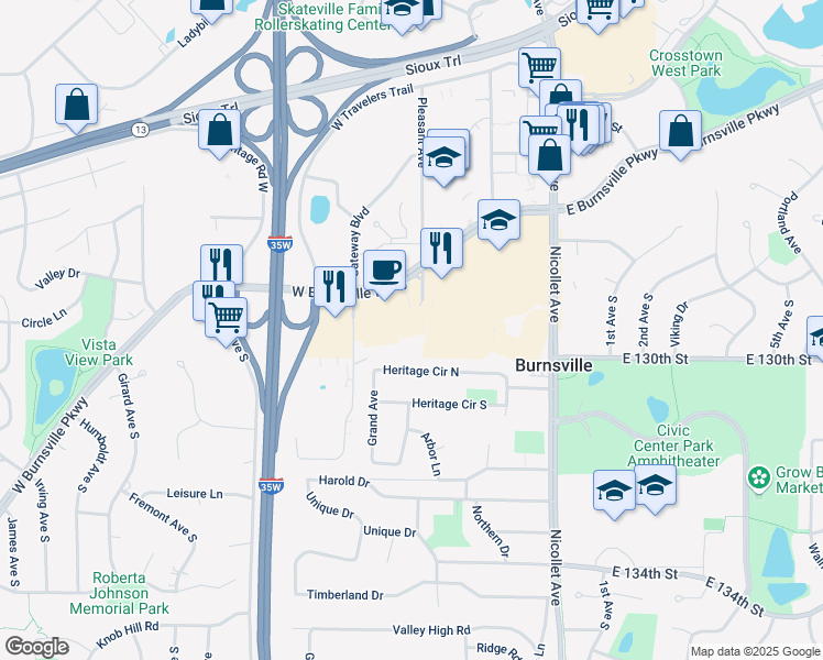 map of restaurants, bars, coffee shops, grocery stores, and more near 12950 Pleasant Avenue in Burnsville