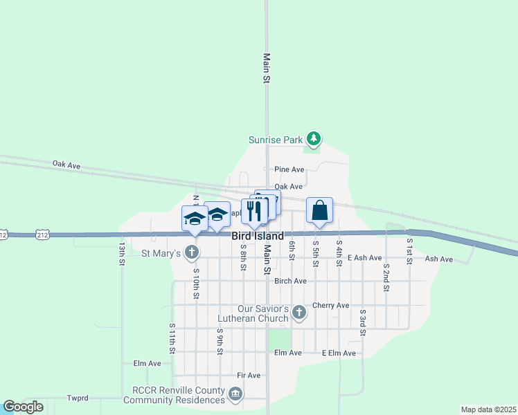 map of restaurants, bars, coffee shops, grocery stores, and more near 210 Main Street in Bird Island