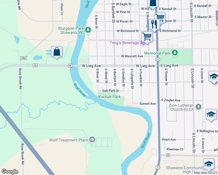 map of restaurants, bars, coffee shops, grocery stores, and more near 606 West Stevens Avenue in Shawano