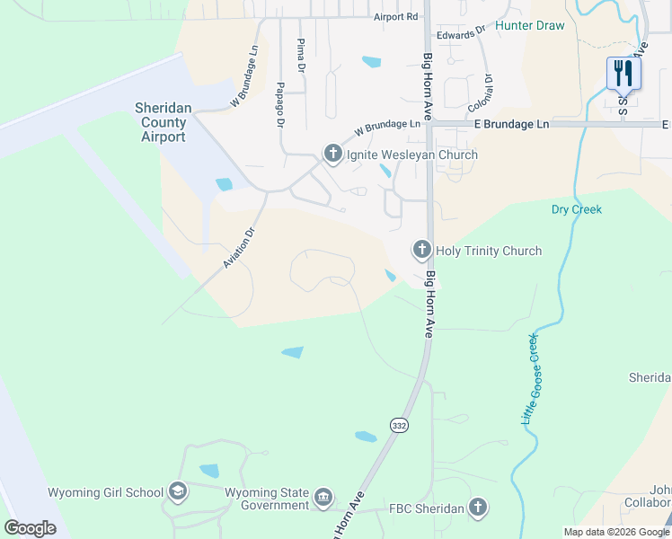 map of restaurants, bars, coffee shops, grocery stores, and more near 350 Falcon Ridge Court in Sheridan