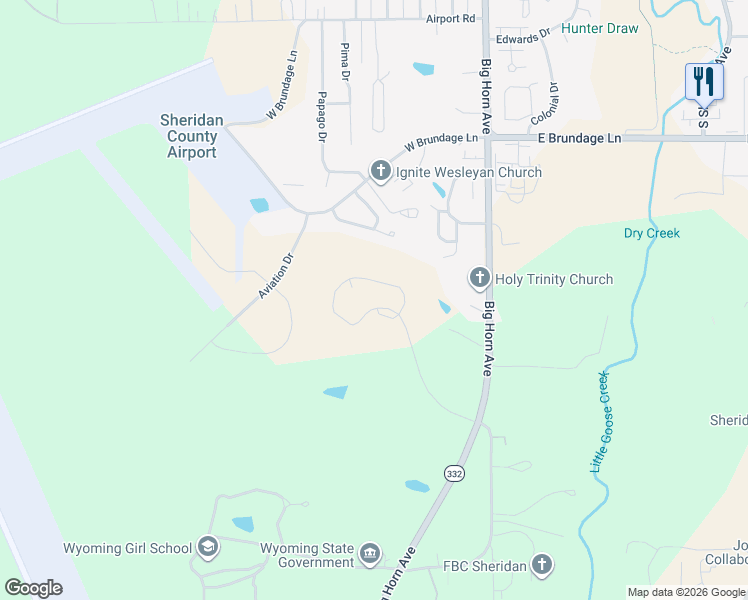 map of restaurants, bars, coffee shops, grocery stores, and more near 350 Falcon Ridge Court in Sheridan