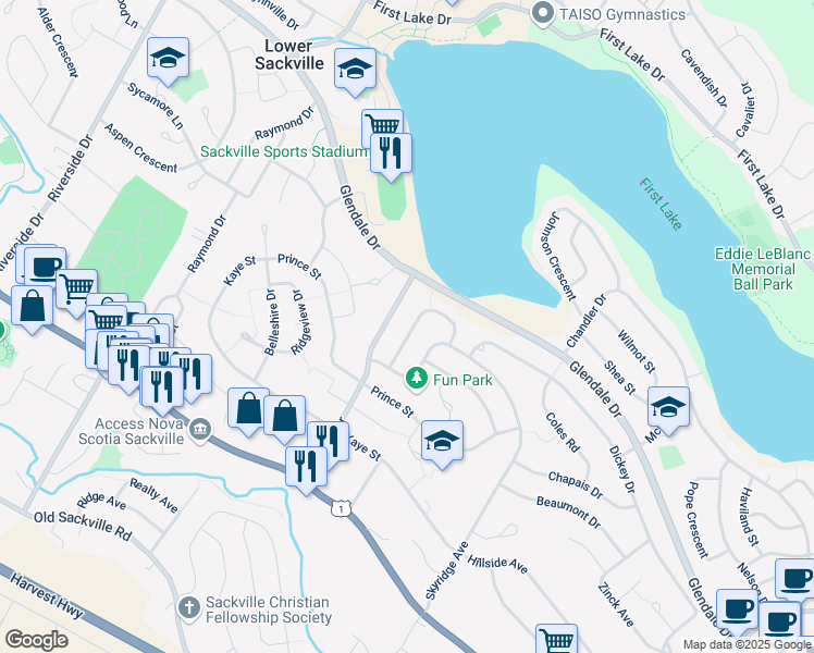 map of restaurants, bars, coffee shops, grocery stores, and more near 44 Pinehill Drive in Lower Sackville