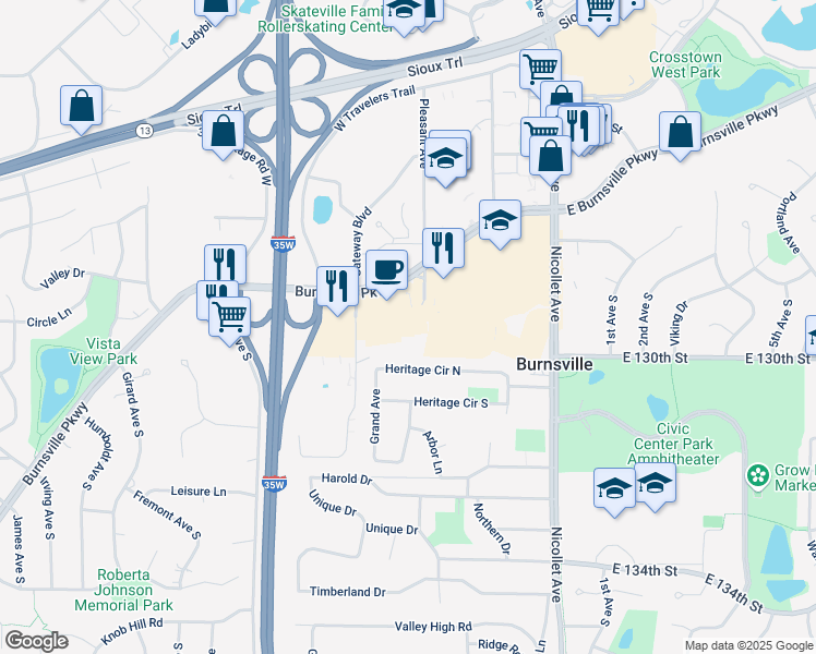 map of restaurants, bars, coffee shops, grocery stores, and more near 12950 Pleasant Avenue in Burnsville