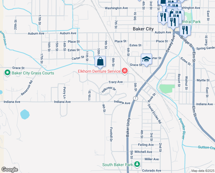 map of restaurants, bars, coffee shops, grocery stores, and more near 300 Hillcrest Drive in Baker City
