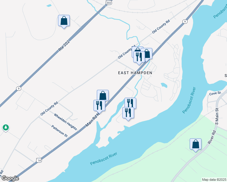 map of restaurants, bars, coffee shops, grocery stores, and more near 618 Main Road North in Hampden