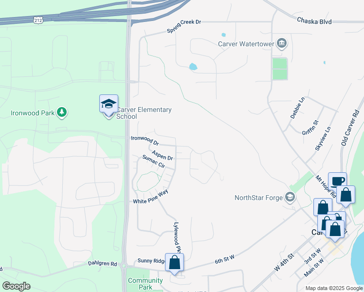 map of restaurants, bars, coffee shops, grocery stores, and more near 1502 Ironwood Drive in Carver