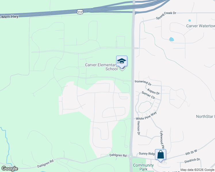 map of restaurants, bars, coffee shops, grocery stores, and more near 1614 River Rock Drive in Carver