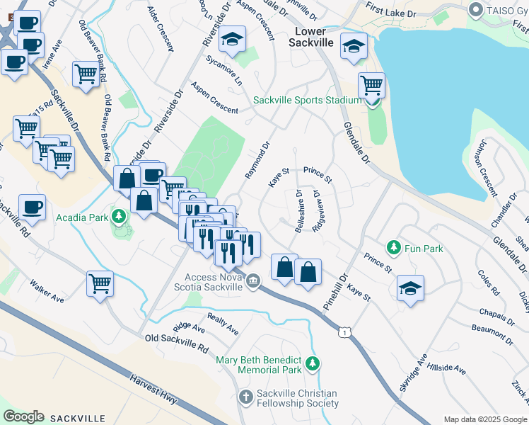 map of restaurants, bars, coffee shops, grocery stores, and more near 229 Kaye Street in Lower Sackville
