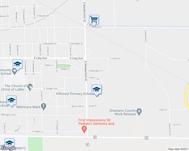 map of restaurants, bars, coffee shops, grocery stores, and more near 1611 Timber Trail in Shawano