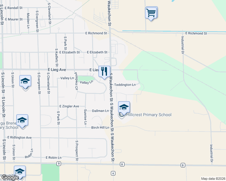map of restaurants, bars, coffee shops, grocery stores, and more near 1601 Timber Trail in Shawano